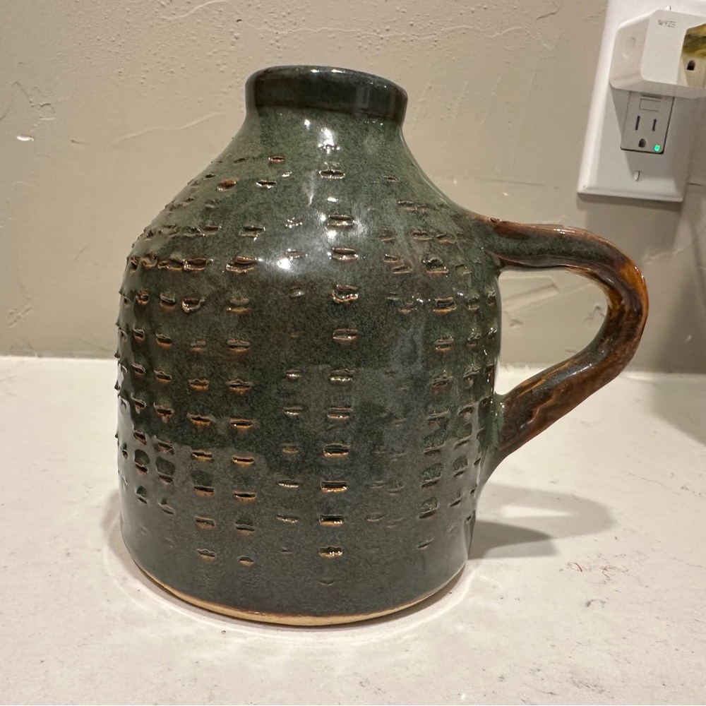 Handmade Studio Pottery Jug Vase Green Textured Glaze Signed RVB Artisan